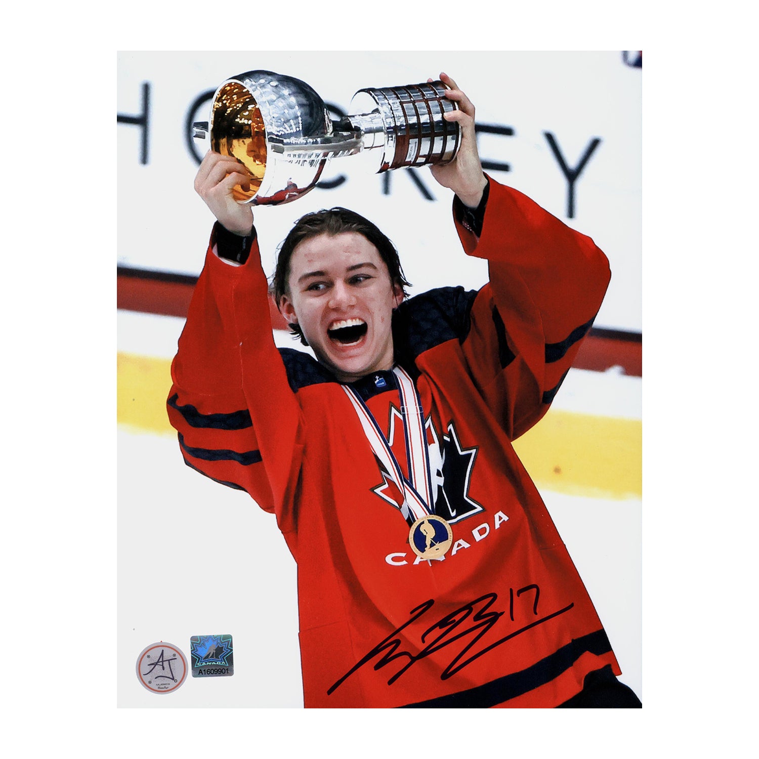 AJ Sports | Connor Bedard Signed Team Canada U18 Hockey Gold 8x10 Photo