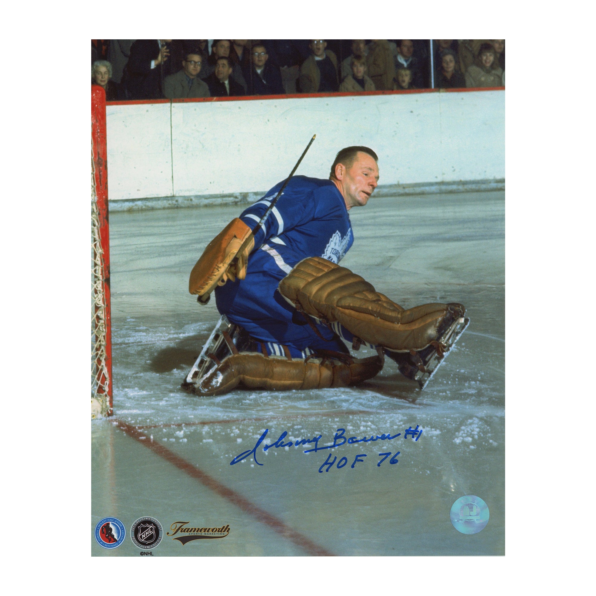 AJ Sports | Johnny Bower Signed Toronto Maple Leafs Kick Save 8x10 Photo with HOF Note