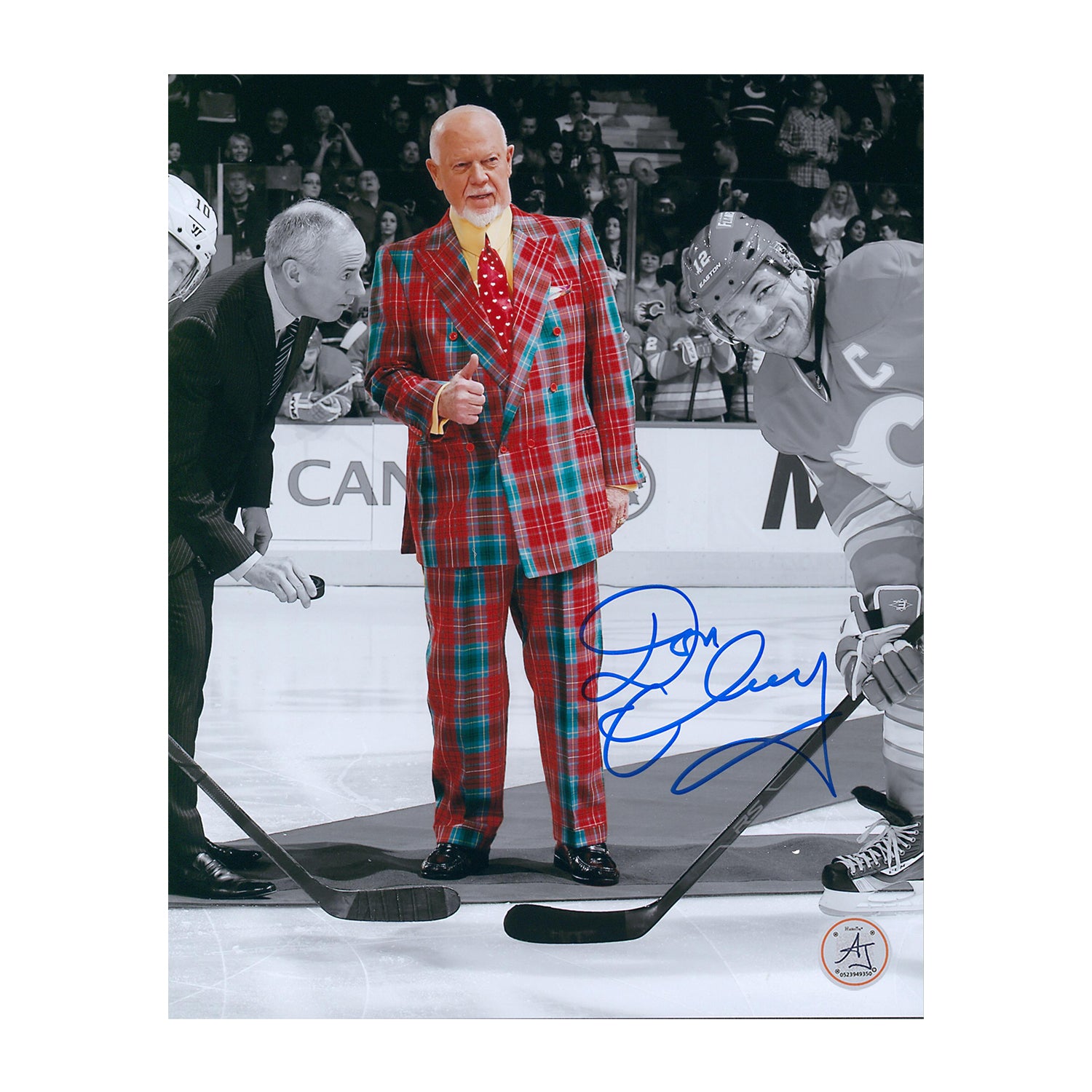 AJ Sports | Don Cherry Autographed Plaid Suit Flames Faceoff Spotlight 8x10 Photo