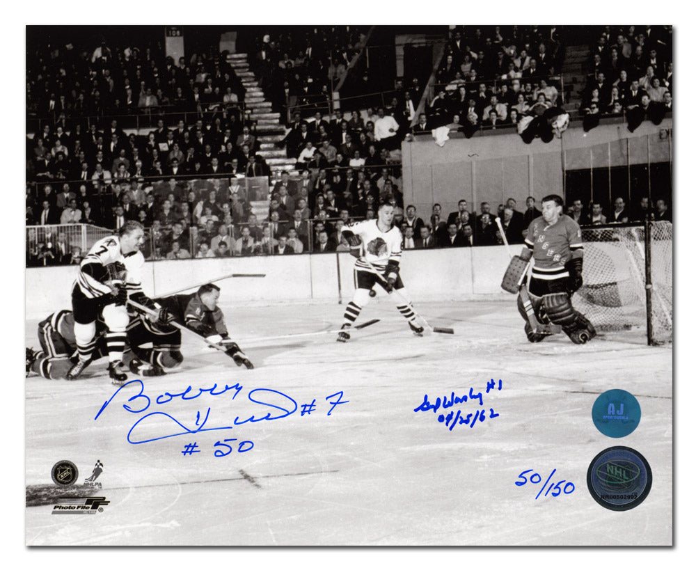 AJ Sports | Bobby Hull vs Gump Worsley Dual Signed & Inscribed Scoring Goal #50 8x10 Photo