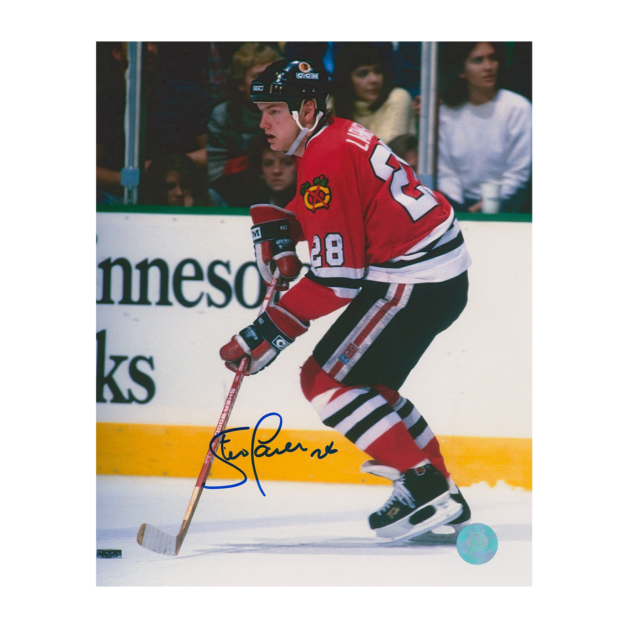 AJ Sports | Steve Larmer Autographed Chicago Blackhawks Game Action 8x10 Photo