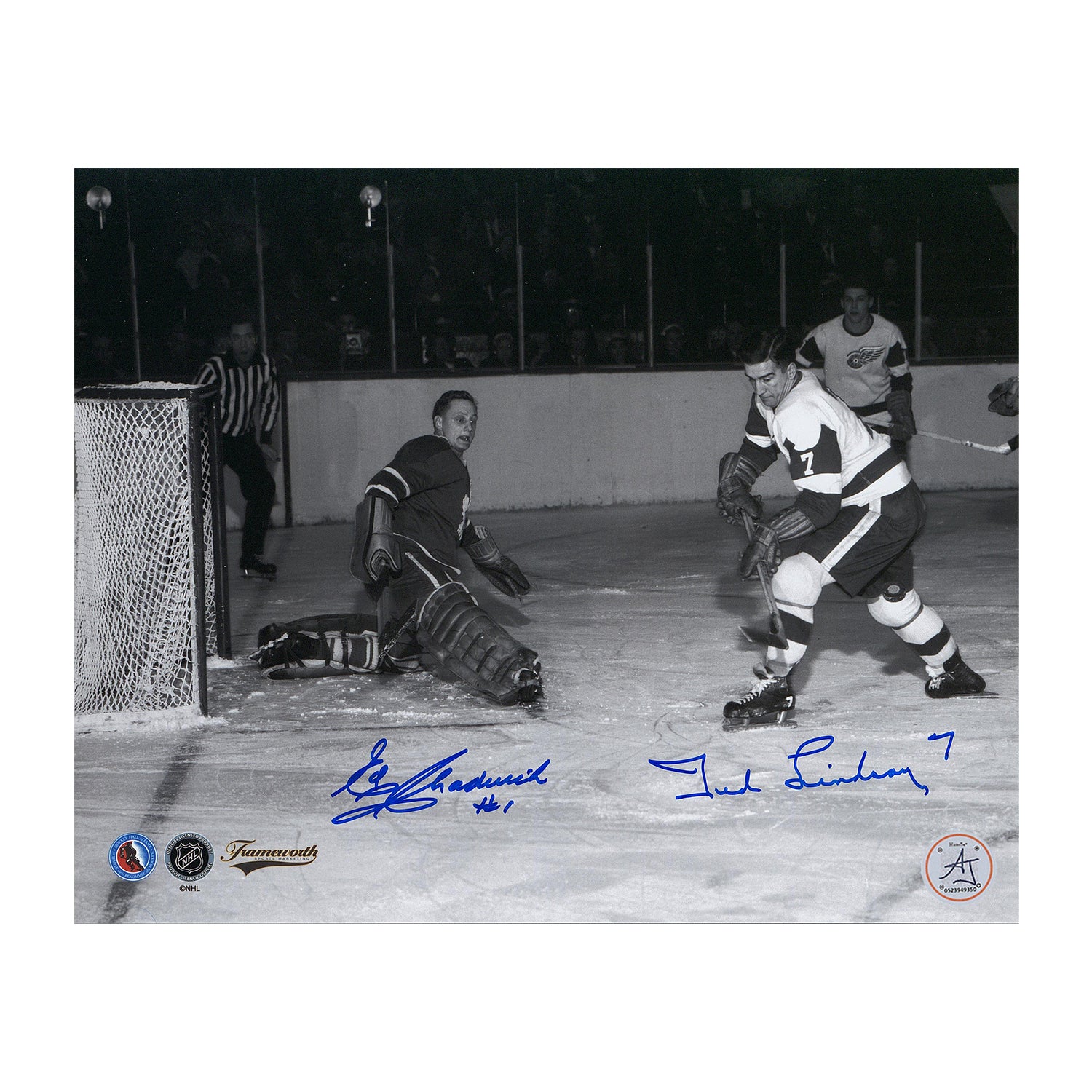 AJ Sports | Ted Lindsay & Ed Chadwick Dual Signed Toronto Maple Leafs vs Red Wings 8x10 Photo