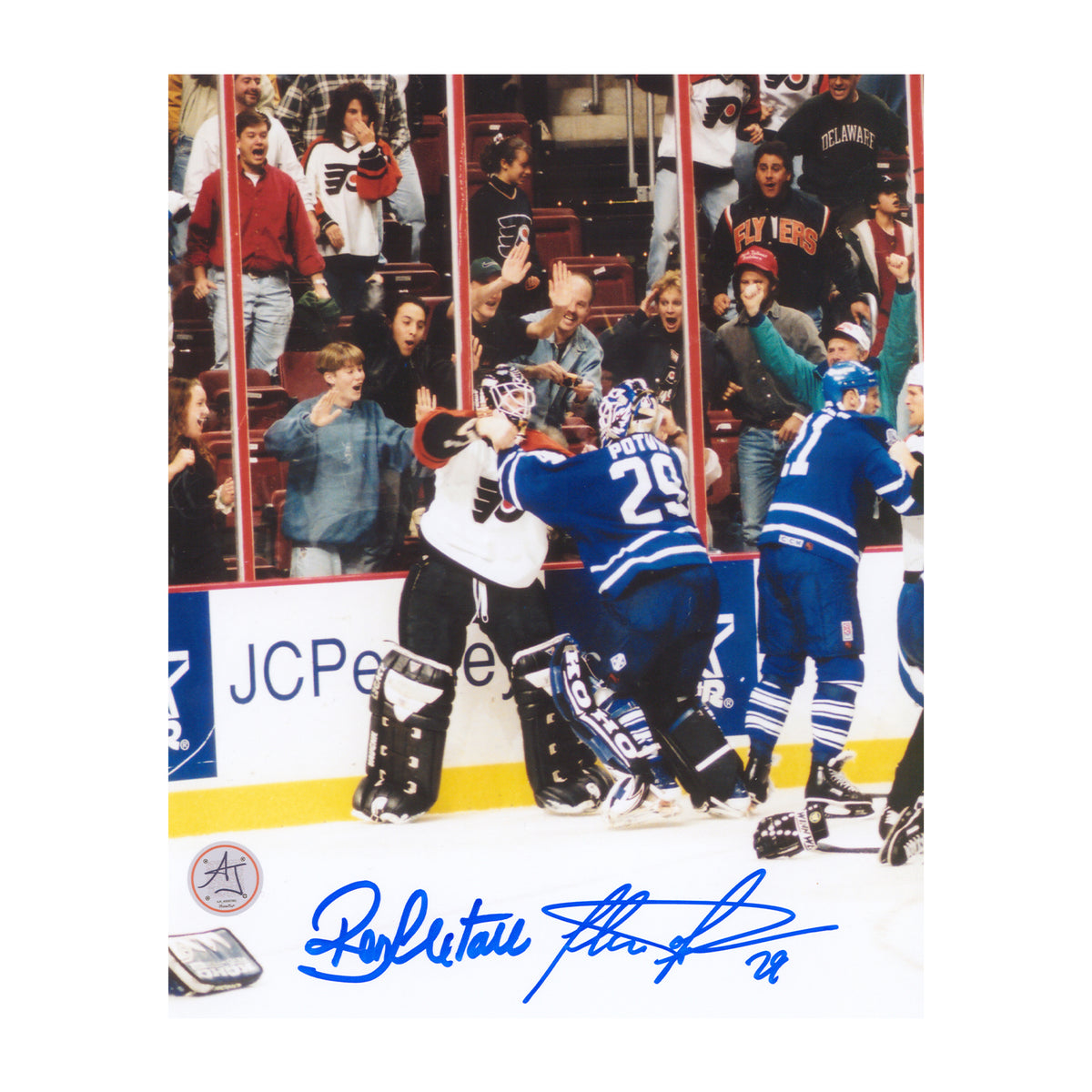 AJ Sports | Felix Potvin & Ron Hextall Dual Signed Goalie Fight 8x10 Photo