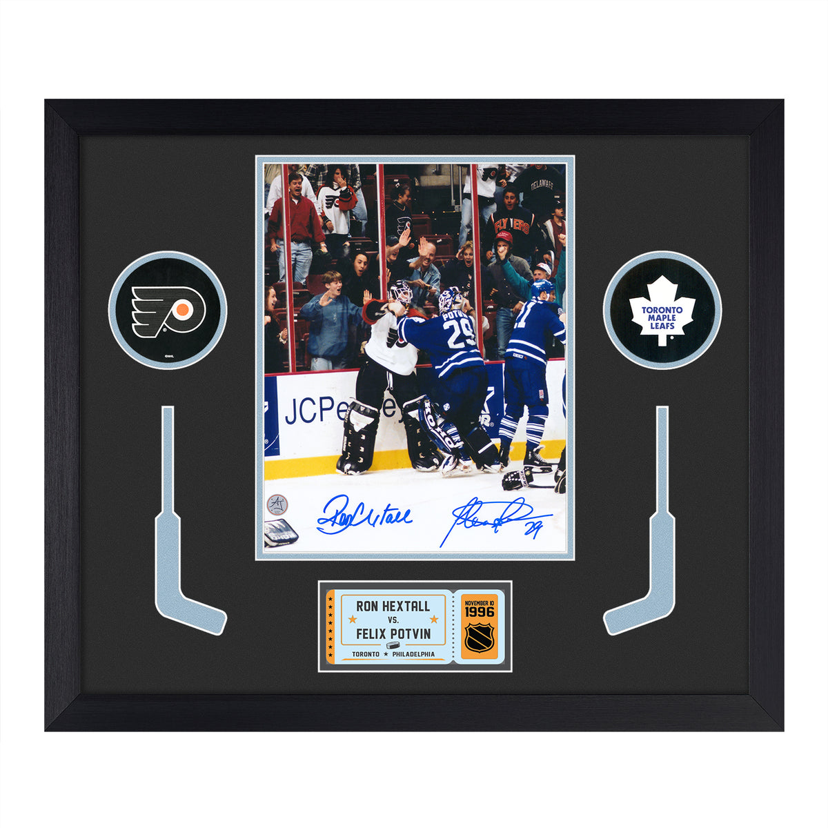 AJ Sports | Felix Potvin & Ron Hextall Dual Signed Goalie Fight 24x28 Frame