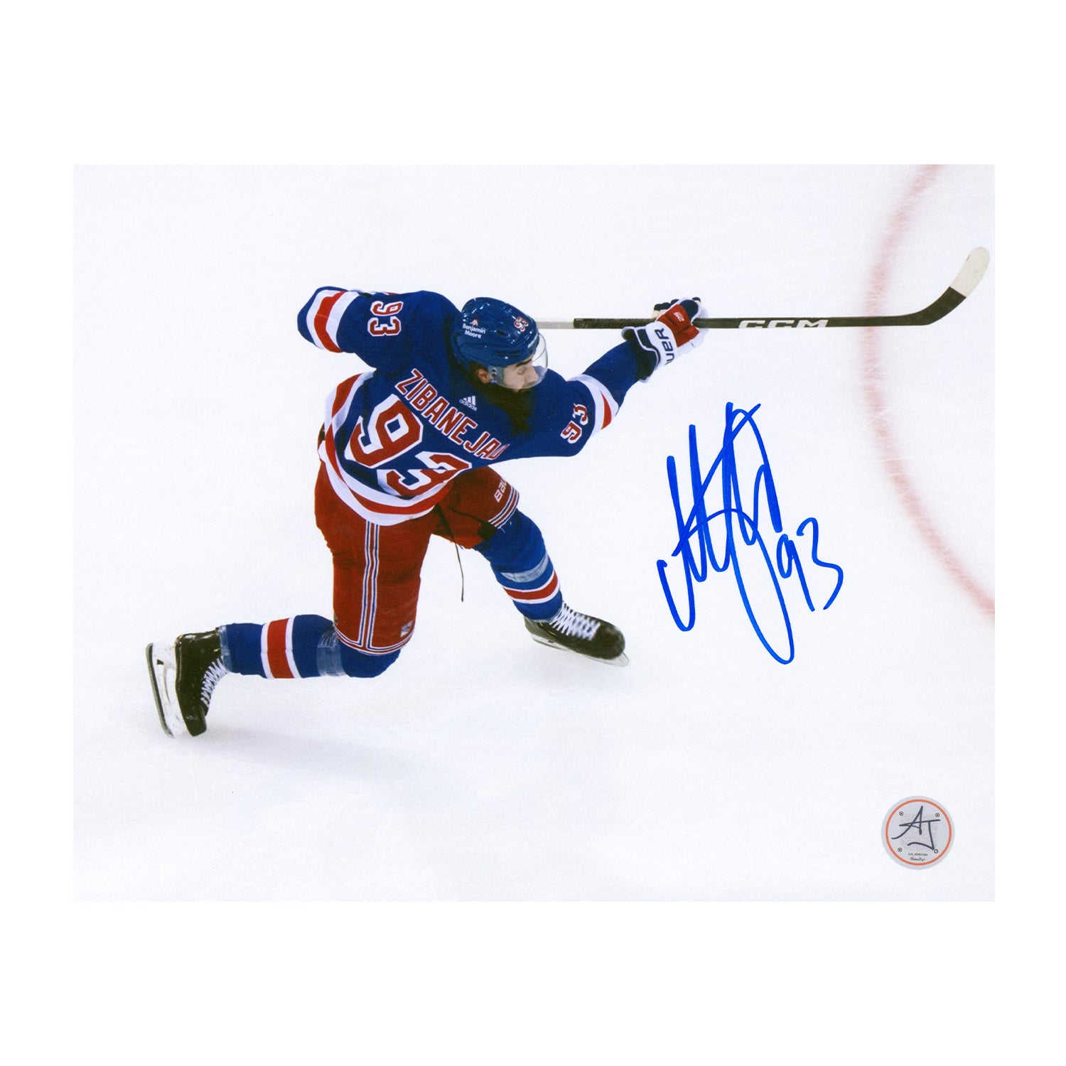 AJ Sports | Mika Zibanejad Signed New York Rangers Elevated Angle 8x10 Photo