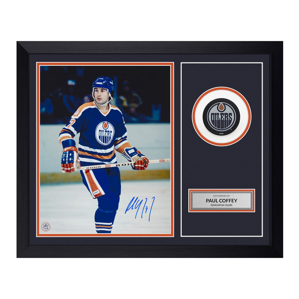 Paul Coffey Autographed Stick Blade with Edmonton Oilers Picture