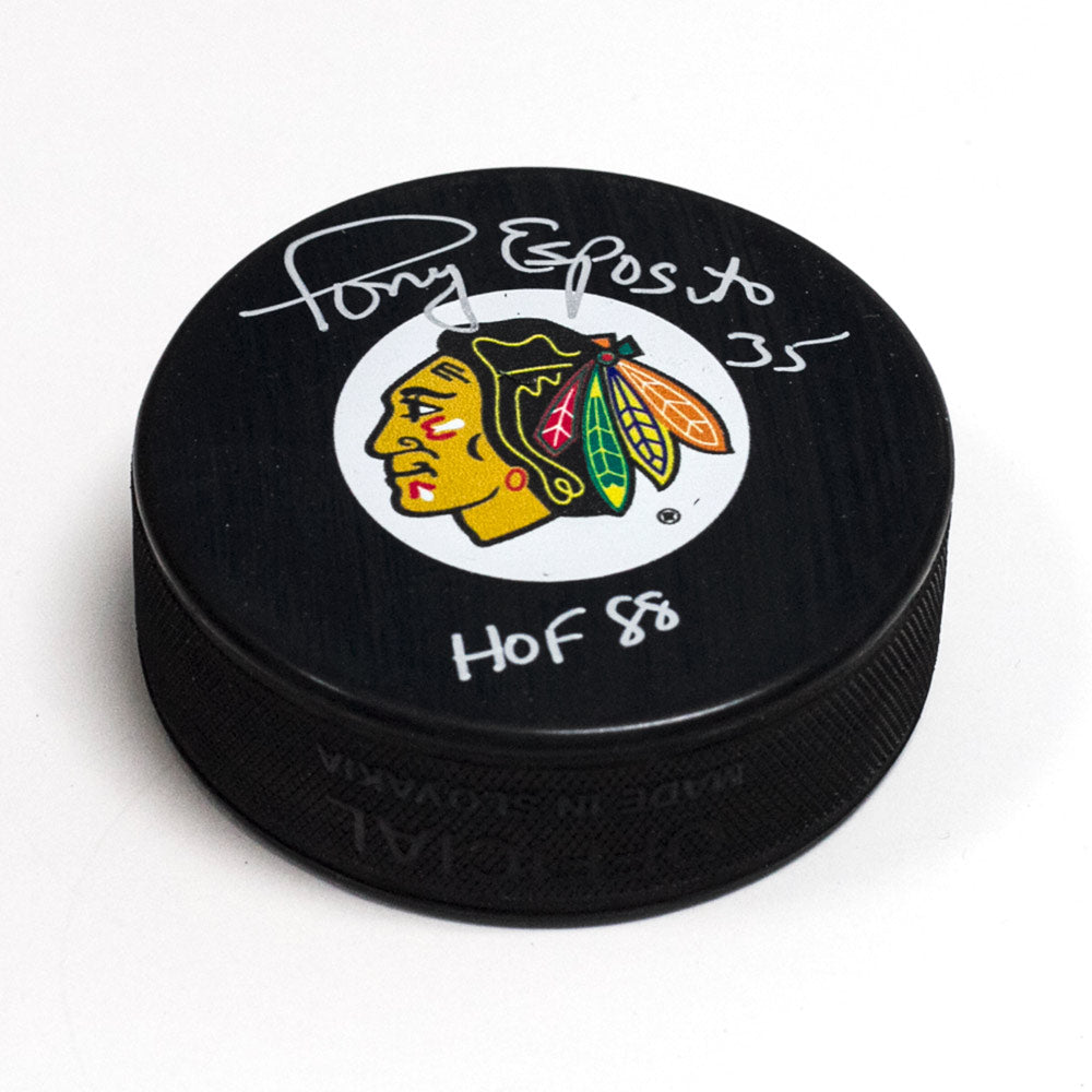 Tony Esposito Chicago Blackhawks Signed Hockey Puck with HOF Note | AJ Sports.