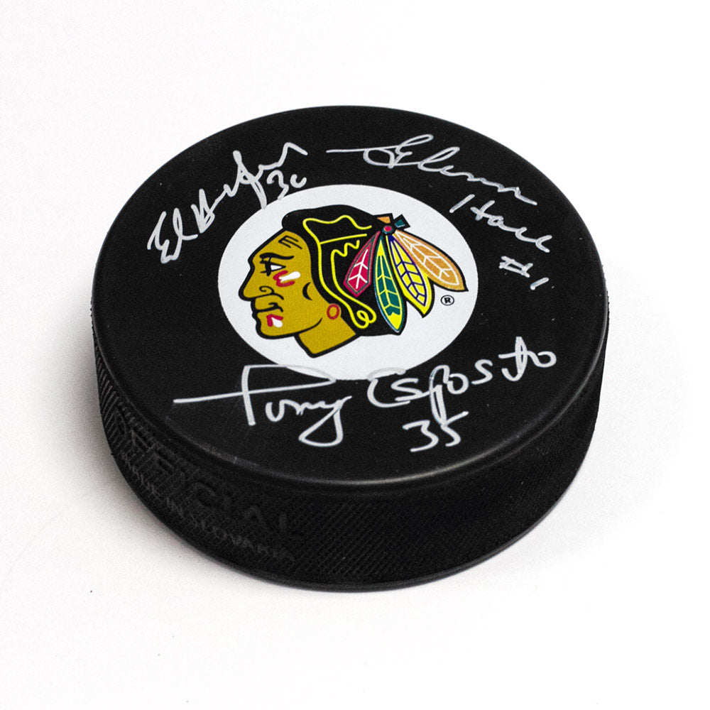 Tony Esposito, Glenn Hall & Ed Belfour Chicago Blackhawks Signed Vezina Puck | AJ Sports.