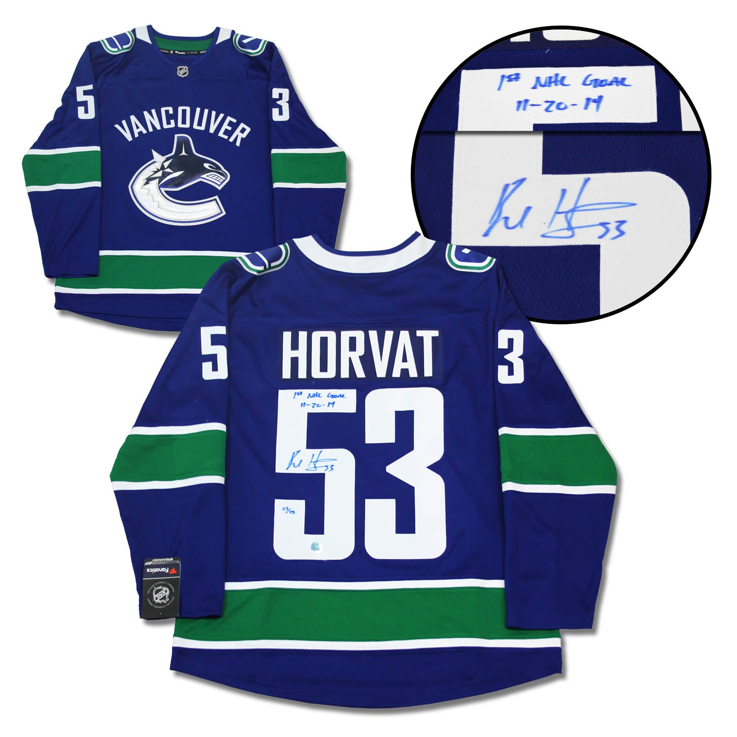 Bo Horvat Vancouver Canucks Signed & Dated 1st Goal Fanatics Jersey /53 | AJ Sports.