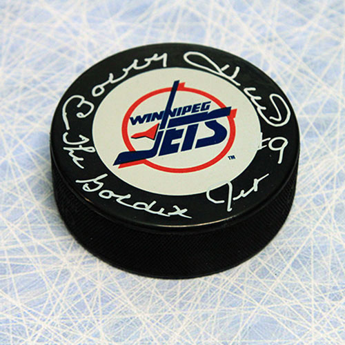 Bobby Hull Winnipeg Jets Autographed Hockey Puck with Golden Jet Inscription | AJ Sports.