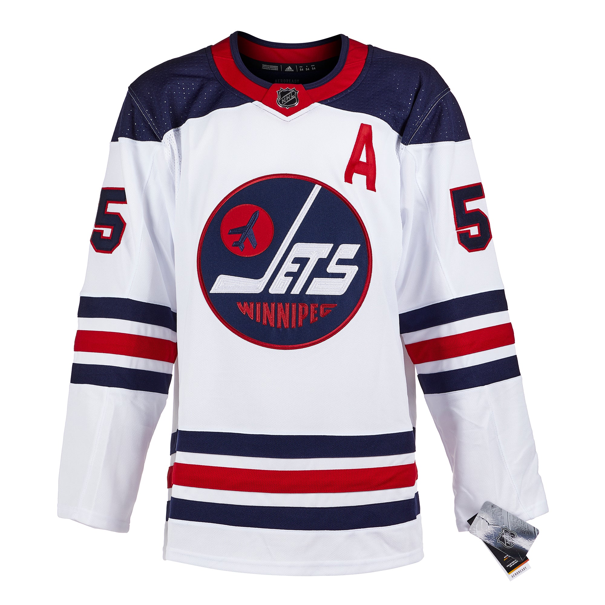 The Heritage jersey for Mark Scheifele of the Winnipeg Jets hangs in